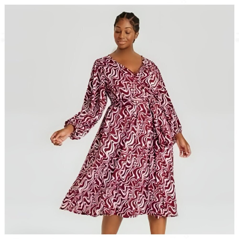 Ava & Viv Women's Plus Size 0X Faux Wrap Dress  Cranberry Swirl Long Sleeve Midi